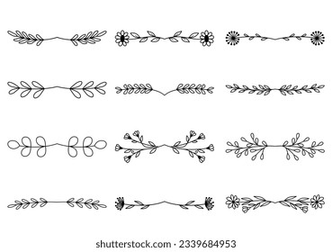 Bundle of hand drawn divider floral elements. elegant floral logo borders and dividers.  Hand drawn line wedding herb. Vintage flower wreath for copy space for invitation save the date card