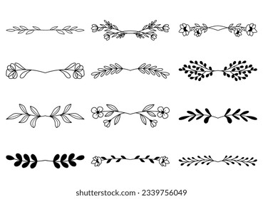Bundle of hand drawn divider floral elements. elegant floral logo borders and dividers.  Hand drawn line wedding herb. Vintage flower wreath for copy space for invitation save the date card