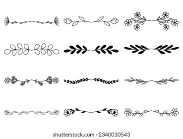 Bundle of hand drawn divider floral elements. elegant floral logo borders and dividers.  Hand drawn line wedding herb. Vintage flower wreath for copy space for invitation save the date card