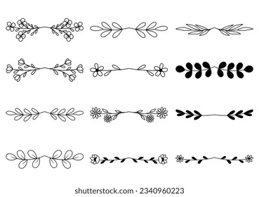 Bündel von handgezeichneten Teilerblumenelementen. elegante florale Logorahmen und Trennwände.  Handgezeichnete Hochzeitskraut. Vintage Blume Kranz für Kopienraum für Einladung speichern Sie die Datumskarte