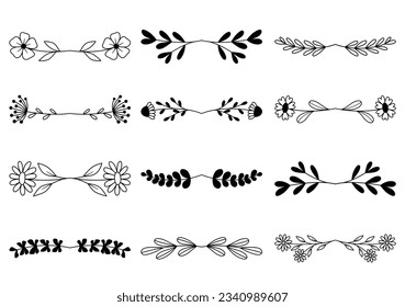 Conjunto de elementos florales divisores dibujados a mano. elegantes bordes y divisores de logotipo floral.  Hierba de bodas dibujada a mano. Corona de flores vintage para el espacio de copia para la invitación guardar la tarjeta de fecha