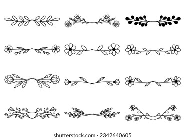 Bundle of hand drawn divider floral elements. elegant floral logo borders and dividers.  Hand drawn line wedding herb. Vintage flower wreath for copy space for invitation save the date card