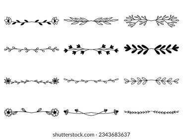Bundle of hand drawn divider floral elements. elegant floral logo borders and dividers.  Hand drawn line wedding herb. Vintage flower wreath for copy space for invitation save the date card