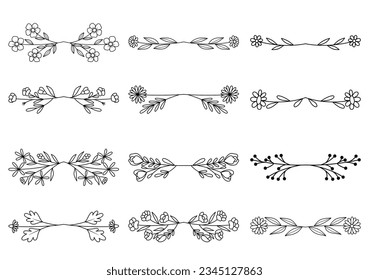 Bundle of hand drawn divider floral elements. elegant floral logo borders and dividers.  Hand drawn line wedding herb. Vintage flower wreath for copy space for invitation save the date card