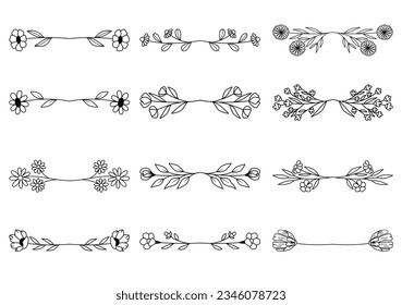 Conjunto de elementos florales divisores dibujados a mano. elegantes bordes y divisores de logotipo floral.  Hierba de bodas dibujada a mano. Corona de flores vintage para el espacio de copia para la invitación guardar la tarjeta de fecha