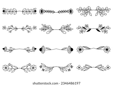 Bundle of hand drawn divider floral elements. elegant floral logo borders and dividers.  Hand drawn line wedding herb. Vintage flower wreath for copy space for invitation save the date card