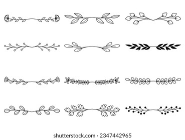 Bundle of hand drawn divider floral elements. elegant floral logo borders and dividers.  Hand drawn line wedding herb. Vintage flower wreath for copy space for invitation save the date card