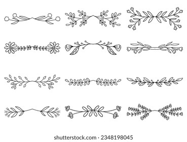 Bundle of hand drawn divider floral elements. elegant floral logo borders and dividers.  Hand drawn line wedding herb. Vintage flower wreath for copy space for invitation save the date card