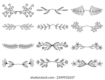 Bundle of hand drawn divider floral elements. elegant floral logo borders and dividers.  Hand drawn line wedding herb. Vintage flower wreath for copy space for invitation save the date card