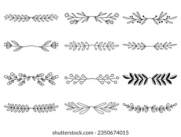 Bundle of hand drawn divider floral elements. elegant floral logo borders and dividers.  Hand drawn line wedding herb. Vintage flower wreath for copy space for invitation save the date card