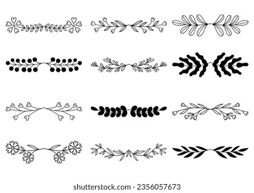 Bundle of hand drawn divider floral elements. elegant floral logo borders and dividers.  Hand drawn line wedding herb. Vintage flower wreath for copy space for invitation save the date card