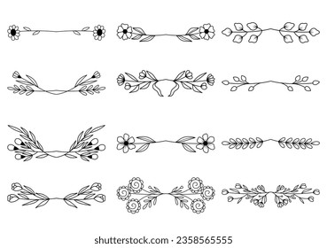 Bündel von handgezeichneten Teilerblumenelementen. elegante florale Logorahmen und Trennwände.  Handgezeichnete Hochzeitskraut. Vintage Blume Kranz für Kopienraum für Einladung speichern Sie die Datumskarte