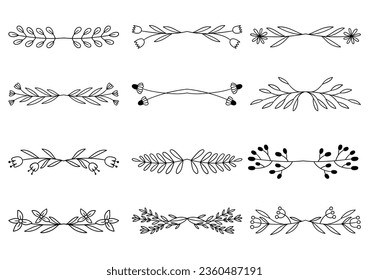 Bundle of hand drawn divider floral elements. elegant floral logo borders and dividers.  Hand drawn line wedding herb. Vintage flower wreath for copy space for invitation save the date card