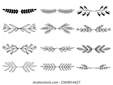 Bundle of hand drawn divider floral elements. elegant floral logo borders and dividers.  Hand drawn line wedding herb. Vintage flower wreath for copy space for invitation save the date card