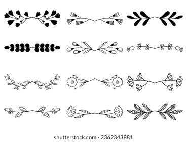 Bundle of hand drawn divider floral elements. elegant floral logo borders and dividers.  Hand drawn line wedding herb. Vintage flower wreath for copy space for invitation save the date card