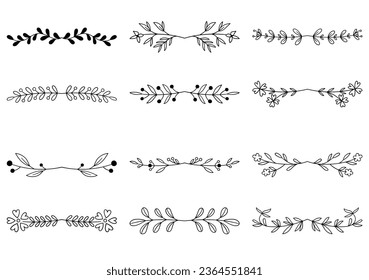 Bundle of hand drawn divider floral elements. elegant floral logo borders and dividers.  Hand drawn line wedding herb. Vintage flower wreath for copy space for invitation save the date card