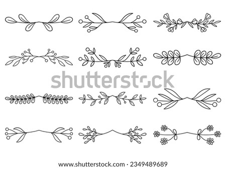 Bundle of hand drawn divider floral elements. elegant floral logo borders and dividers.  Hand drawn line wedding herb. Vintage flower wreath for copy space for invitation save the date card