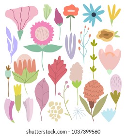 Bundle of hand drawn doodle flowers and plants. Girly boho illustrations