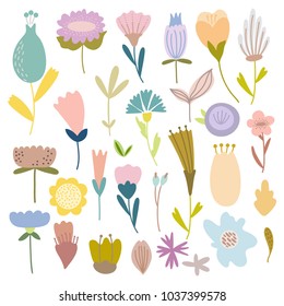 Bundle of hand drawn doodle flowers and plants. Girly boho illustrations