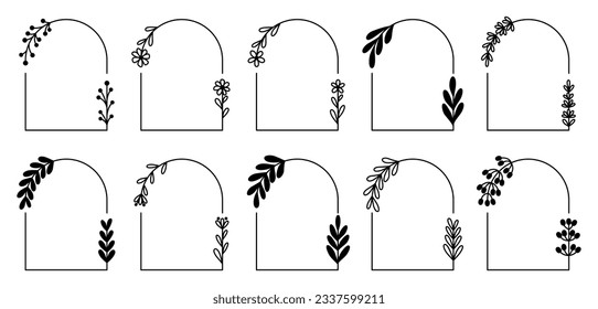 Conjunto de elementos dibujados a mano Dejar elementos de esquema de marco de arco de flor Ilustración. elegantes bordes de logotipo floral. Boda de línea trazada a mano. Corona de flores vintage para el espacio de copia para la invitación guardar la tarjeta de fecha