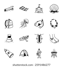 Bundle of Hand Drawn Summer Vacation Icons 
