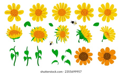 Bundle Of Hand drawn Sunflower Doodle Elements.