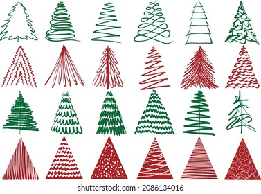 Un conjunto de manos ilustró los árboles de Navidad. Ilustración vectorial dibujada a mano. 