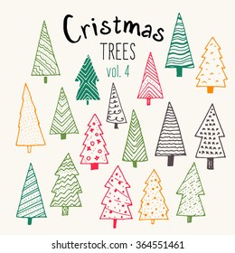 Bundle of hand illustrated Christmas trees. Every single tree with its own decoration. Perfect collection for greeting cards, backgrounds or wrapping paper designs.