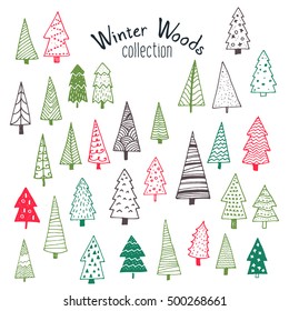 Bundle of hand illustrated Christmas trees. Every single tree with its own decoration. Perfect collection for greeting cards, backgrounds or wrapping paper designs.