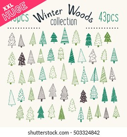 Bundle of hand illustrated Christmas trees. Every single tree with its own decoration. Perfect collection for greeting cards, backgrounds or wrapping paper designs.