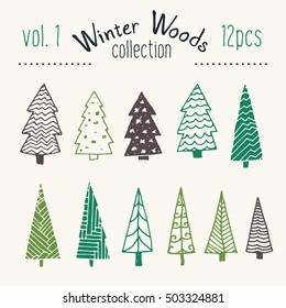 Bundle of hand illustrated Christmas trees. Every single tree with its own decoration. Perfect collection for greeting cards, backgrounds or wrapping paper designs.