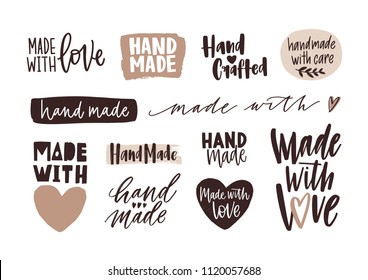 Bundle of Hand Made letterings for labels or tags of handcrafted goods. Set of elegant inscriptions written with calligraphic fonts isolated on white background. Monochrome vector illustration