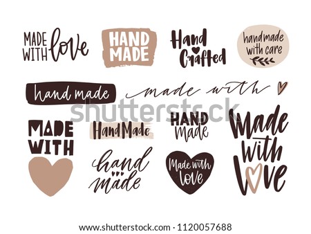 Bundle of Hand Made letterings for labels or tags of handcrafted goods. Set of elegant inscriptions written with calligraphic fonts isolated on white background. Monochrome vector illustration