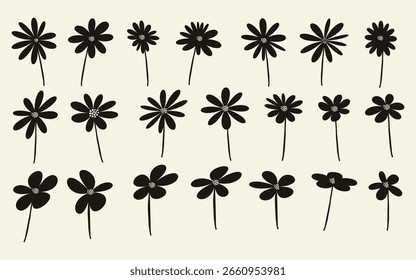 Pacote de silhuetas de flores pretas desenhadas à mão com diversos estilos pétalas e formas orgânicas. Coleção de Silhuetas de Flor Mínima. Linha Botânica Arte. Doodle Flower Bundle. Flor desenhada à mão.