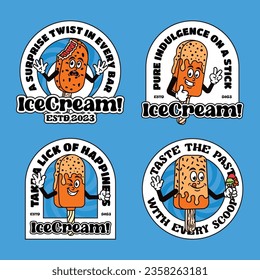 Bundle of Hand-drawn vector of sweet food and ice cream retro vintage mascot
