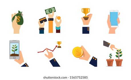 bundle of hands with business set icons vector illustration design