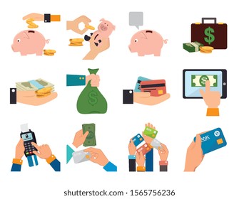 bundle of hands with business set icons vector illustration design