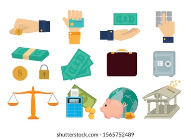 bundle of hands with finance set icons vector illustration design