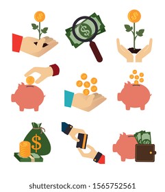 bundle of hands with finance set icons vector illustration design