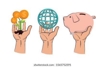 bundle of hands with finance set icons vector illustration design