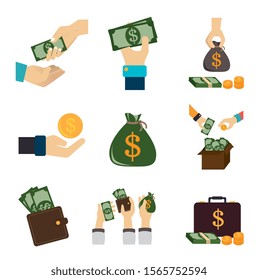 bundle of hands with finance set icons vector illustration design