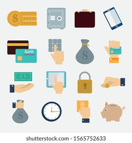 bundle of hands with finance set icons vector illustration design