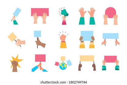 bundle of hands protest set icons vector illustration design