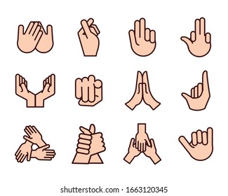 bundle of hands signals line and fill style icon vector illustration design