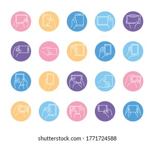 conjunto de manos y smartphones conjuntos iconos de ilustración vectorial diseño