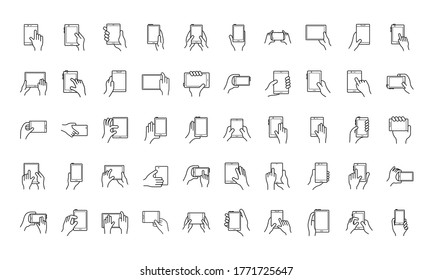 bundle of hands and smartphones set icons vector illustration design