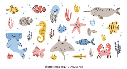 Bundle of happy adorable marine animals - narwhal, hammerhead, skate or ray, crab, fish, starfish and jellyfish isolated on white background. Sea and ocean fauna. Flat cartoon vector illustration.