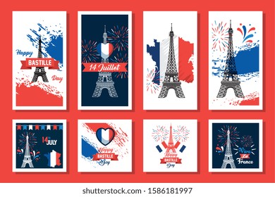 bundle of happy bastille day and icons vector illustration design