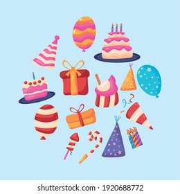 conjunto de iconos de conjuntos de cumpleaños felices diseño de ilustración vectorial