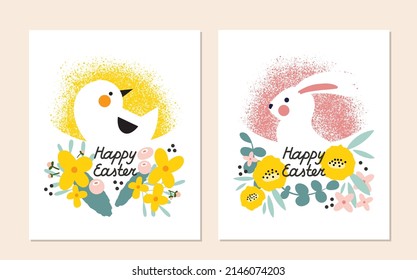 Bundle Happy Easter greeting card, poster and cover design. White rabbit and chicken with spring flowers. Bundle of vector vector holiday designs for typography. Flat style illustration